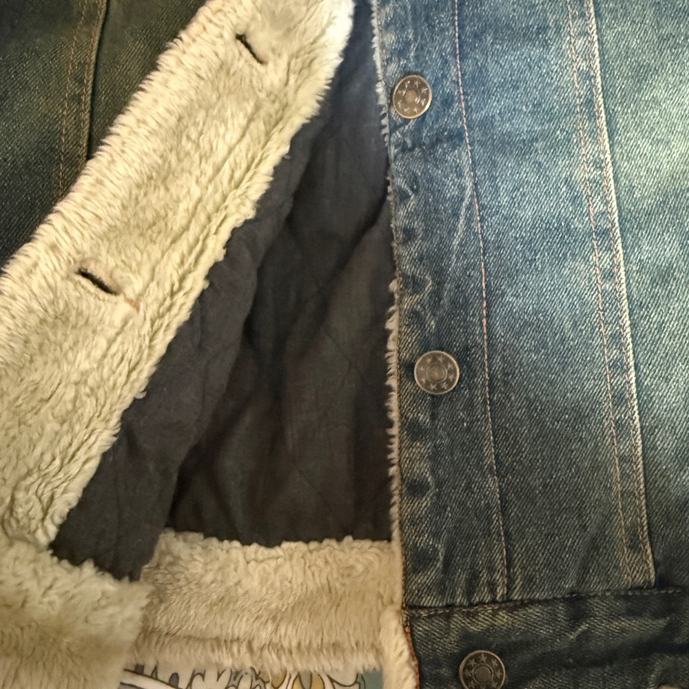 Vintage 90s Fur Denim Jacket Small Embroidered Patches, Beads Floral Butterfly - Picture 7 of 13